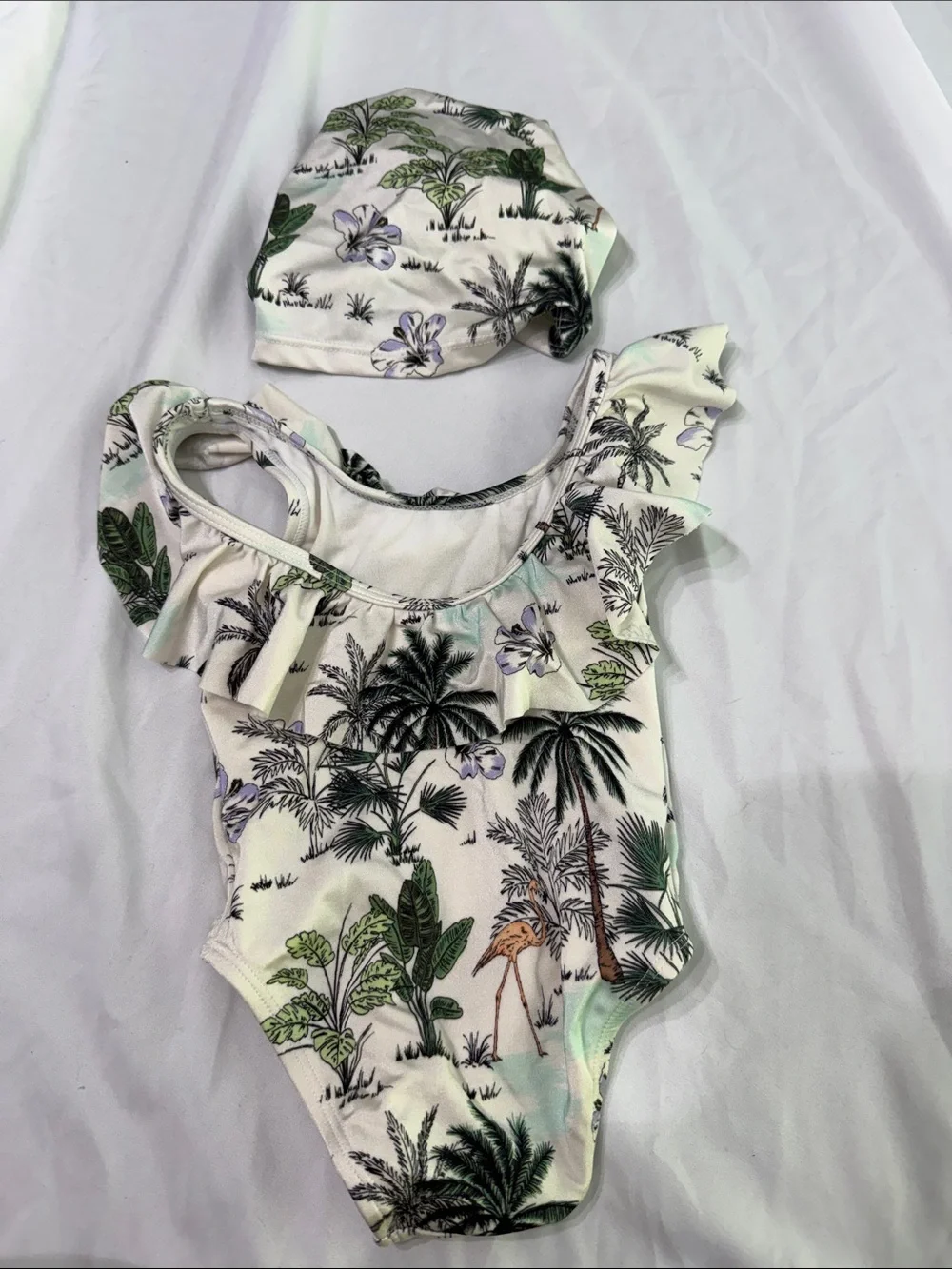 Janie and Jack Tropical Cream Ruffle One-Piece with Knot Swim Cap